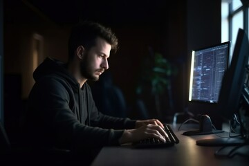 Digital technology, software development, Ai Artificial Intelligence. Man programmer, software engineer using laptop and computer code, dark background