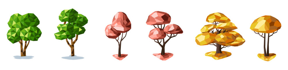 Set of low poly trees. Geometric 3D trees. Vector.