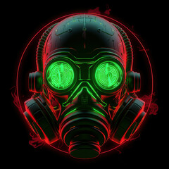 Illustration of man with gas mask inside a neon circle, cyberpunk, futuristic. Generative AI