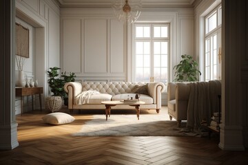 Fototapeta na wymiar 3D rendering of a vintage living room with wooden floors and cream walls, featuring a white fabric sofa and natural sunlight coming through the white window. Generative AI