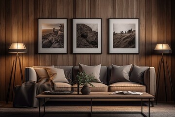 Mockup of a living room with a wooden wall, framed artwork, and two metal lamps. Generative AI