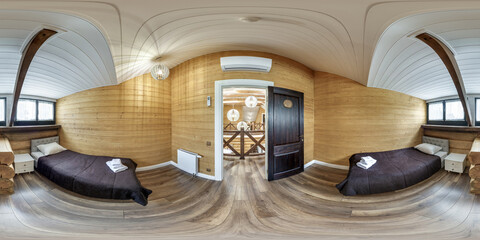 360 hdri panorama in interior of wooden eco bedroom in rustic style homestead on mansard floor with...
