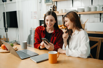 Portrait of success business people working together in office. Couple teamwork startup concept