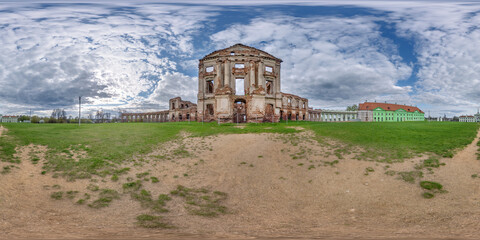 full spherical hdri 360 panorama near stone abandoned ruined palace building with columns at evening in equirectangular projection, VR AR virtual reality content