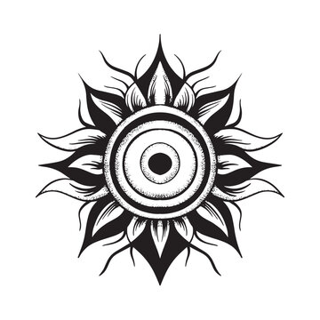 A black and white drawing of a sun with a black circle and the word sun on it.