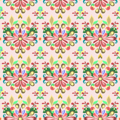 Seamless floral pattern art deco boho ornament with decretive abstract flowers and leaves. Geometric ornament for print, digital paper, packaging, wallpaper, fabric, background site. 