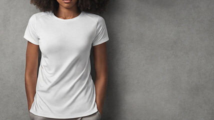 African american woman with white t-shirt grey background mockup