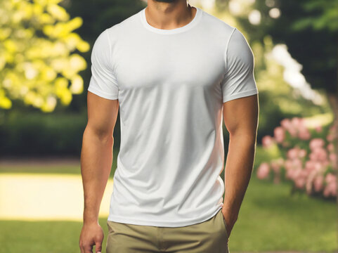 Man with white t-shirt green garden background mockup