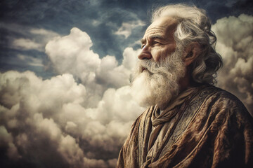 Old man with a beard, with a stormy sky in the background. Visionary man, philosopher, wise man or prophet. Cinematic effect. Created with Generative AI technology.