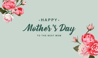 Mother's Day Background with colorful elements and flowers, lettering. Vector symbols of love in the shape of hearts for greeting card design, floral, pastel color.