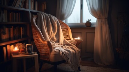 Fototapeta na wymiar A cozy reading nook with a comfortable chair, blanket, and bookshelf in the background 