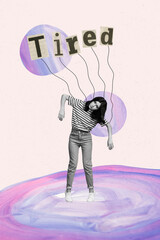 Picture artwork design collage sad upset girl hanging ropes controlled tiredness bad mood exhausted...