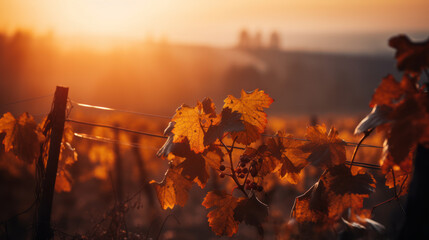 rangées de pieds de vignes en automne au petit matin