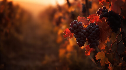 rangées de pieds de vignes en automne au petit matin, avec grappes de raisin au premier plan - obrazy, fototapety, plakaty