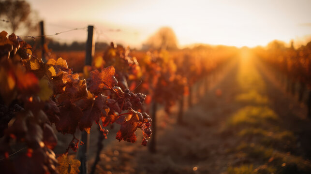 rang&eacute;es de pieds de vignes en automne au petit matin