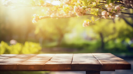 Empty wood table top with soft spring landscape blurred background. Generative AI.