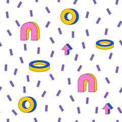 80s 90s retro vintage geometric abstract seamless pattern. Memphis digital paper. Playful 3D geometry. Y2k nostalgia background.