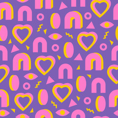 80s 90s inspired retro geometric abstract seamless pattern. Memphis digital paper. 3D geometry. Y2k nostalgia revival background.