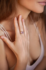 Young woman wearing beautiful ring, closeup - 596639352