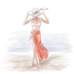 Watercolor digital drawing of a slender tanned woman in a swimsuit and a hat on the beach. A girl in a red skirt stands and holds a hat, the wind blows on the sea. Summer vacation.