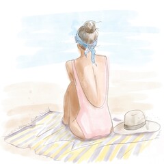 Watercolor digital drawing. A tanned woman in a pink swimsuit sits on a beach  on a towel. The girl on vacation is resting on the sea. View from the back.