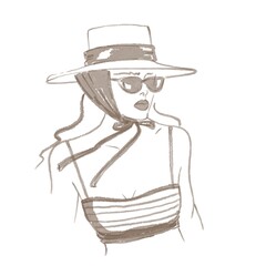 Linear monochrome drawing with watercolors. Portrait of a beautiful woman with big lips in a hat and sunglasses.
