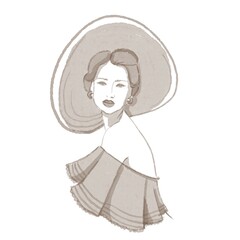 Linear monochrome drawing with watercolors.Retro portrait of a beautiful woman in a big hat. Girl with pinned up hair and bare shoulders.
