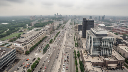 A bird's eye view of a bustling urban center, complete with a sea of cars, busy sidewalks, and towering buildings that stretch towards the sky