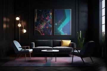 Contemporary dark sitting area adorned with vivid artwork. Generative AI