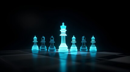A futuristic AI-driven concept, with holographic chess pieces in a dark scene, representing optimal strategy, artificial intelligence, and the blending of human and machine. Generative AI