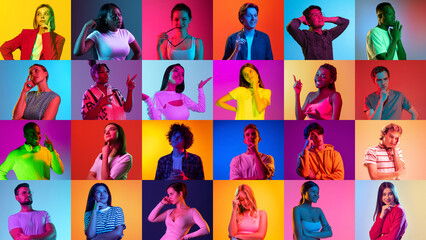 Fototapeta na wymiar Collage with young ethnically diverse people, men and women expressing different emotions over multicolored neon background. Multiracial society