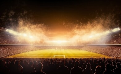 Crowded night grand soccer arena with fireworks and lights - Generative AI