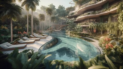 Obraz na płótnie Canvas A Luxurious Getaway: Generative AI-Generated Views of a Resort's Swimming Pool