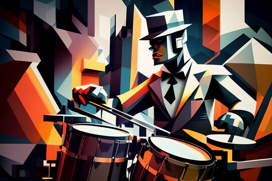 Afro-American male jazz musician drummer playing drums in an abstract geometric cubist style painting for a poster or flyer, computer Generative AI stock illustration image