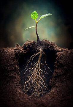 Flower plant seedling showing green growth while expanding its root system which could be used to outline economic recovery or business investment, computer Generative AI stock illustration image