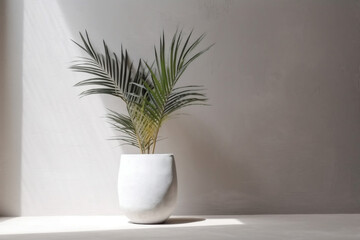 interior design concrete tree decoration home vase decor wall sunlight shadows palm. Generative AI.