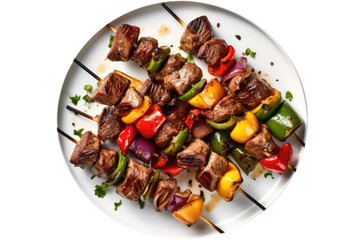 Beef And Vegetable Kebabs. Lactose-Free Food On Isolated Transparent Background, Png. Generative AI - obrazy, fototapety, plakaty