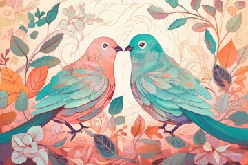 Illustration of a multicolored pair of birds sitting on leafy branches. Generative AI