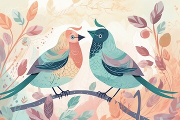 A colorful pair of birds sitting on leafy branches. Generative AI