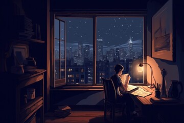 Illustration of a writer writing a book, by the window overlooking the big city, night lights. Generative AI - obrazy, fototapety, plakaty