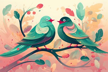 Two colorful birds sit on branches of deciduous trees and look at each other, illustration. Generative AI