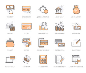 Money loan line icon set. Credit score, low interest, discount card, mortgage percent, tax minimal vector illustration. Simple outline signs for bank application. Orange color. Editable Stroke - obrazy, fototapety, plakaty