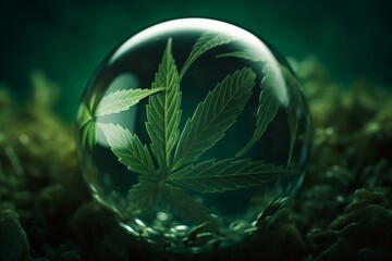 A sphere-shaped background with a leaf of medical marijuana. Generative AI