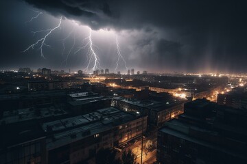 Intense electrical storm above urban area. Generative AI