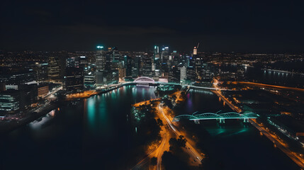 Fototapeta na wymiar A panoramic drone shot of a city skyline at night, capturing the beauty of the glowing lights and the reflective river below.