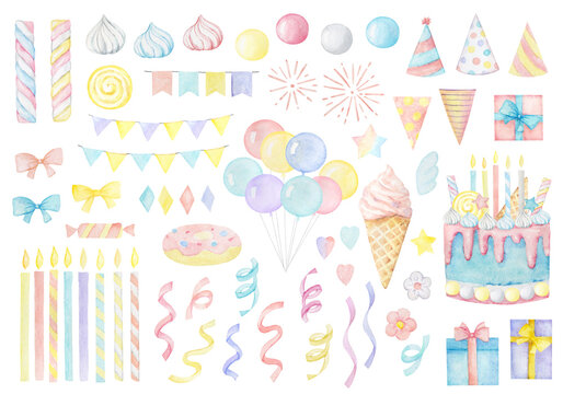 A set of watercolor birthday party cliparts in pastel colors. Design for nursery decor, card making, party invitations,  greeting cards, posters, party decorations and other.