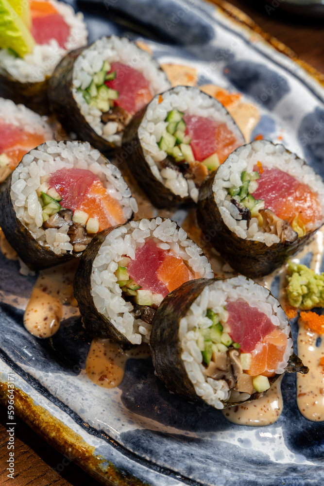 Sticker Sushi roll with salmon and tuna