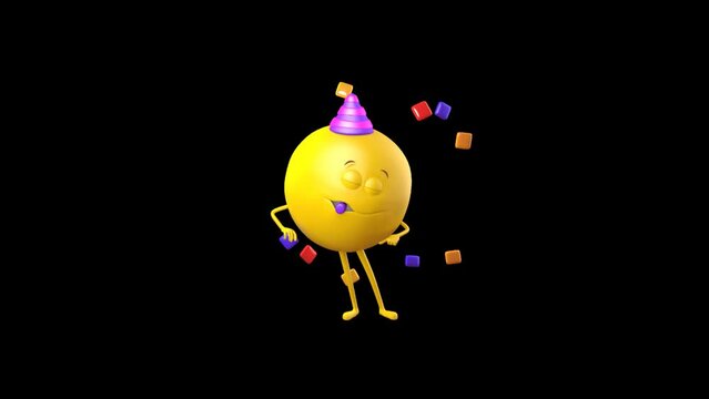 Emoticon Wearing A Party Cap and Dancing Happily. 3D Emoji Celebrating Birthday Party.