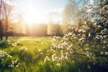 Fototapeta na wymiar Beautiful blurred spring background nature with blooming glade, trees and blue sky on a sunny day