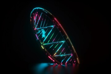 DNA depicted in neon on black background with stylized features. Generative AI